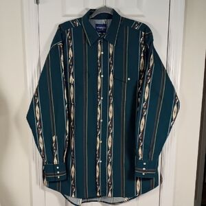 Vintage Wrangler Western Men's Long Sleeve Shirt Teal Green Pearl Snap Size XL